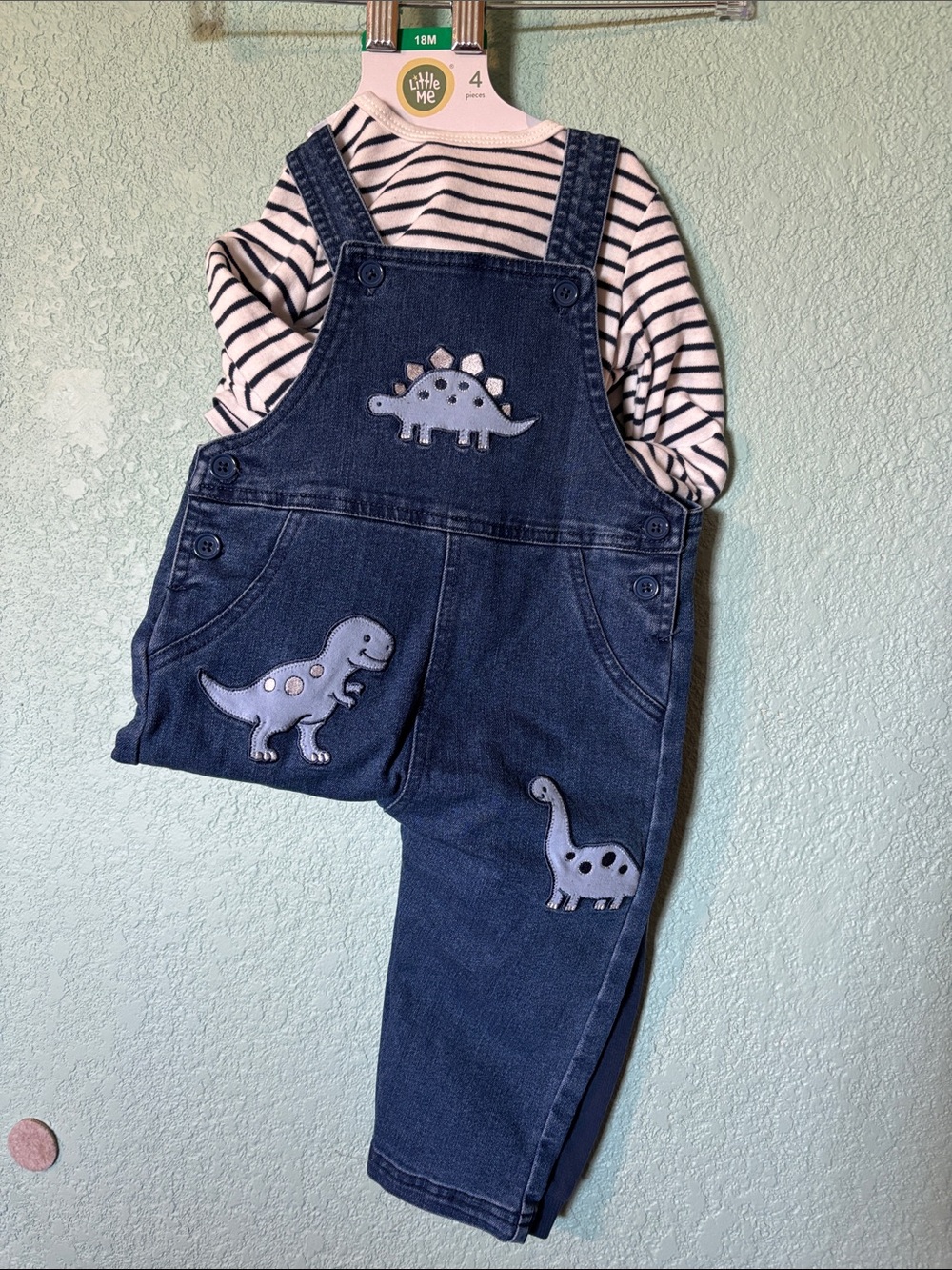 Little Me 3 piece overall set, blue dinosaur, 18 mos - like new